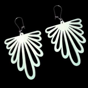 Hand Painted Pale Aqua Ombre Wood Cutout Earrings Art Deco Fan Turquoise Boho